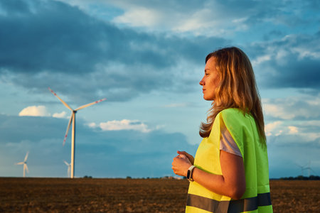 Engineer looks at wind turbine in the field. Maintenance of wind generator. Green renewable energy