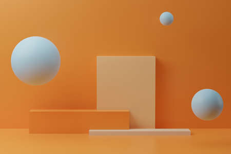 Blue bubbles and colorful square podium on orange background. 3D render with geometric figures, minimal designe. Abstract backgroundの写真素材
