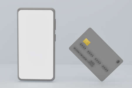 Smartphone with empty screen and credit card on gray background. 3D render with mobile phone and bank plastic card. Online shopping and digital paymentの写真素材