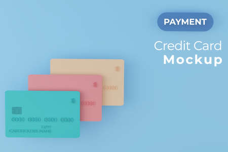 Three colored plastic credit cards on blue background. Bank cards mock up, 3d illustration. Online...