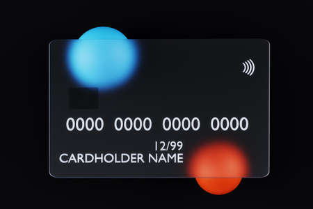 Transparent glass credit card on dark orange background. Bank card mock up, 3d illustration. Online...