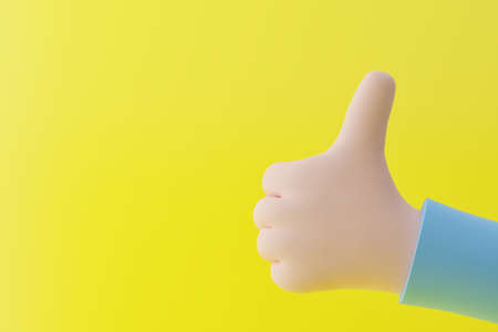 Cartoon hand shows thumbs up on yellow background, 3d illustration. Positive emotion. Like gesture, 3d renderの写真素材