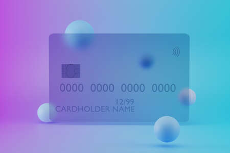 Transparent glass credit card on background with abstract pattern. Bank cards mock up, 3d...