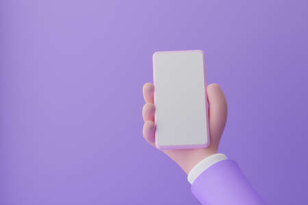 Smartphone mockup. Cartoon hand holding smartphone with empty white screen on violet background, 3d...