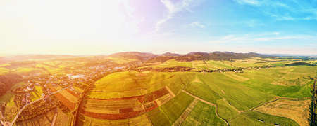 Aerial view of agricultural green fields and residential building in small european town near mountains. Nature landscapeの写真素材