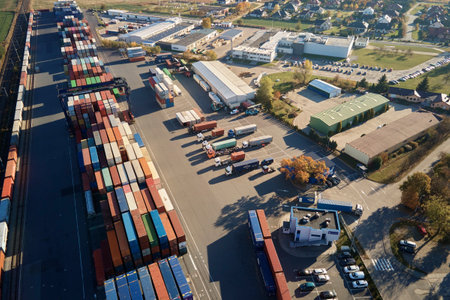 Containers warehouse on platform with cranes and forklifts, aerial view. Business and logistic concept, cargo transit. Katy Wroclawskie, Poland - October 29, 2021のeditorial素材