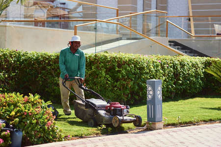 Staff man use lawnmower for cutting grass in hotel. Sharm el Sheikh, Egypt - July 31. 2019