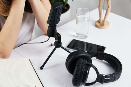 Workplace with headphones and micriphone, Online courses, Studying at home