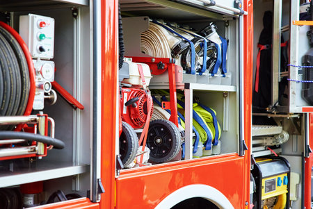 Side view of firetruck with equipment for rescue operations. Katy Wroclawskie, Poland - May 28, 2022