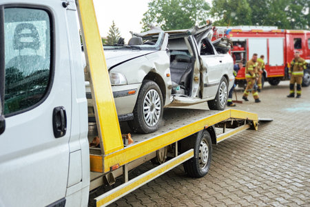 Wrecked car loading on tow truck after crash traffic accident, Concept of dangerous driving after...