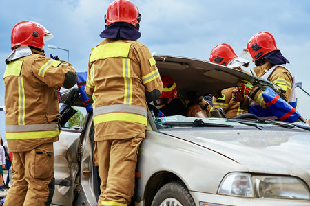 Firefighters during a rescue operation training. Rescuers unlock the passenger in car after...
