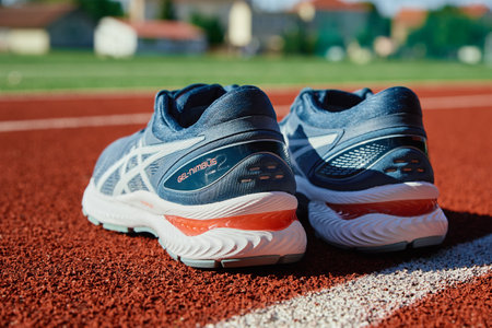 Asics Gel Nimbus running shoes at stadium track, Pair of Asics sport sneakers for jogging. Katy Wroclawskie, Poland - August 07, 2022のeditorial素材
