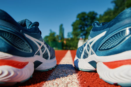 Asics Gel Nimbus running shoes at stadium track, Pair of Asics sport sneakers for jogging. Katy Wroclawskie, Poland - August 07, 2022のeditorial素材
