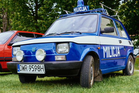 Old blue police car at car show in the Poland. Katy Wroclawskie, Poland - May 28, 2022のeditorial素材