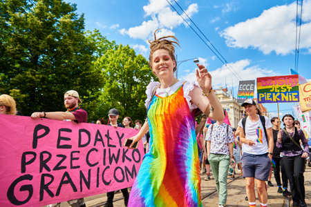 People crowd have fun at gay pride parade with rainbow flags, March on city street in support of...