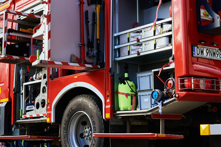 Side view of firetruck with equipment for rescue operations. Katy Wroclawskie, Poland - May 28, 2022