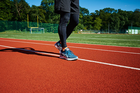 Male sprinter wearing Asics Gel Nimbus at running track. Sport and fitness runner athlete training at stadium. Katy Wroclawskie, Poland - August 07, 2022のeditorial素材