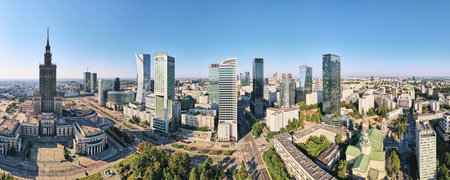 Aerial drone view of Warsaw cityscape, Center of Warsaw city with skyscrapers, Capital of Poland with modern office buildings in business center. Warsaw, Poland - September 4, 2022のeditorial素材