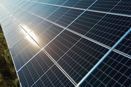 Solar batery in field. Photovoltaic panels for solar energy production. Alternative sustainable...