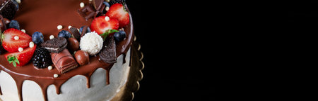 Birthday cake on dark background with copy space. Close up of cake decorated with fresh berries and chocolate sweets on dark background. Delicious dessert for partyの写真素材
