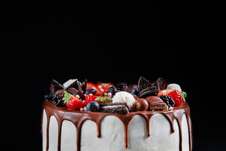 Birthday cake on dark background with copy space. Close up of cake decorated with fresh berries and chocolate sweets on dark background. Delicious dessert for partyの写真素材