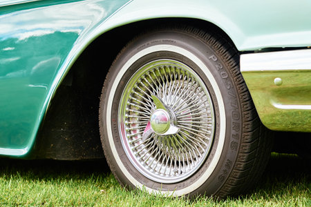 Closeup wheel of Ford Thunderbird classic retro car. Katy Wroclawskie, Poland - May 28, 2022のeditorial素材