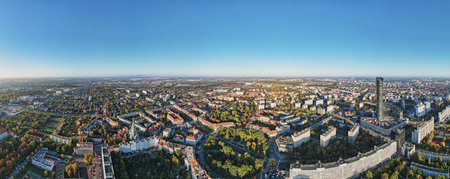 Wroclaw city panorama. Aerial view of modern european city with residential districts and street at summer morningの写真素材