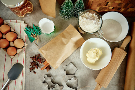 Above view of ingridients for cake on kitchen table. Cooking a homeの写真素材