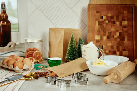 Ingridients for cake on the kitchen table. Cooking a home