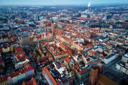Wroclaw Rynek Square, aerial view. View from above on main market square in Wroclaw with walking...