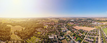 Aerial view of suburban neighborhood. Small town cityscape in countryside area.の写真素材