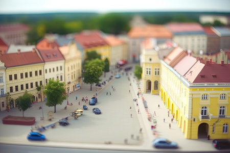City life with living building facades and people walking at street, aerial view. urban infrastructure. Model of city street in miniature, tilt shift. Generative AIの素材