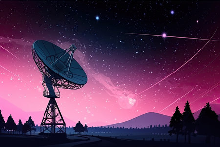 Radio telescope at starry night. Antenna for space signals research. space observatory. Generative AIの素材