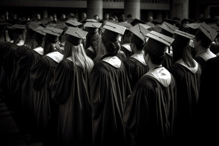 Back view of graduates in mortar boards and bachelor gowns on graduation ceremony at the university. Successful graduation from college or high school. Generative AIの素材