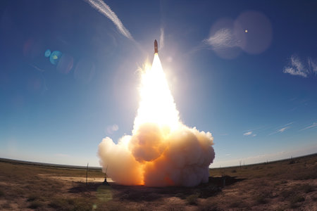 Rocket launch from cosmodrome. Fight of space rocket in blue sky. space mission. Space Shuttle Takeoff. Generative AIの素材