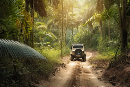 Four wheel drive SUV is driving on muddy road in jungle. Jeep on safari. Generative AIの素材