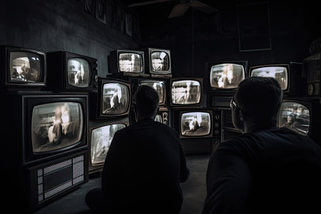 People watching a lot of retro televisions. Propaganda and fake news concept. Politicians manipulate society with help of public television. Generative AIの素材