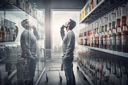 Man standing in supermarket interior among shelves and choosing products. Generative AIの素材