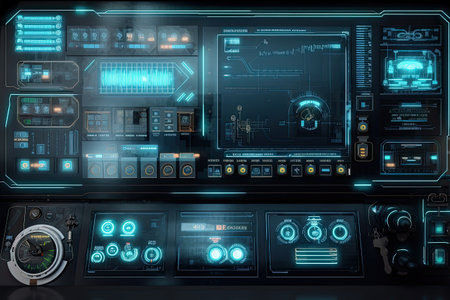 Futuristic central control panel. Operator workplace with a lot of screens and buttons for monitoring technology process at production line. Generative AIの素材