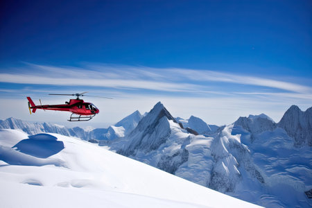 Search and rescue operation in mountains. Medical rescue helicopter landing in snowy mountains. Generative AIの素材