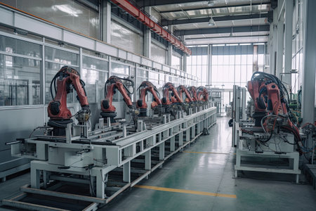 Robotic arms on the assembly line. Automated conveyor on factory. Generative AIの素材