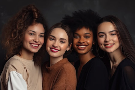 Multiracial women standing together and smiling at camera. Portrait of interracial female models. Diversity concept. Generative AIの素材