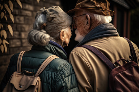 Back view of an elderly couple outdoors. Elderly man and woman are walking together, having romantic relationship. Happy old age. Generative AIの素材