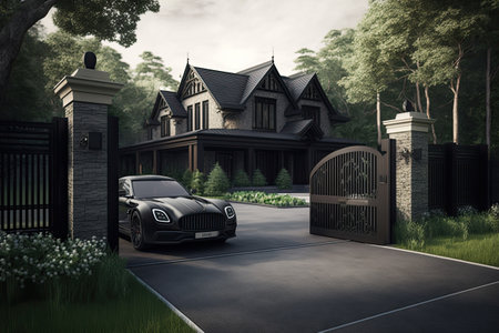 Modern luxury house exterior. Main entrance with automatic gates. Generative AIの素材