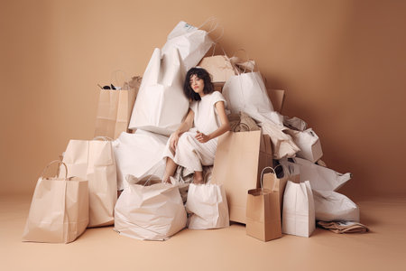 Woman sits in pile of shopping bags. Concept of shopaholism, overconsumption and buying unnecessary things. Generative AIの素材