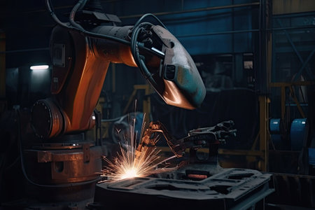 Industrial robot welding metal in a factory. Selective focus.の素材
