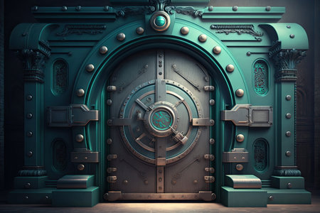 Green vault door with a combination lock. 3d render illustration.の素材