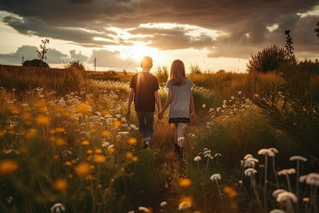 Boy and girl walking at blooming field in sunset. Silhouettes of children against beautiful landscape. Romantic feelings and emotions of couple. Generative AIの素材