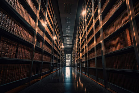 A long corridor in a public library with rows of books on itの素材