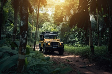 Four wheel drive SUV is driving on muddy road in jungle. Jeep on safari. Generative AIの素材
